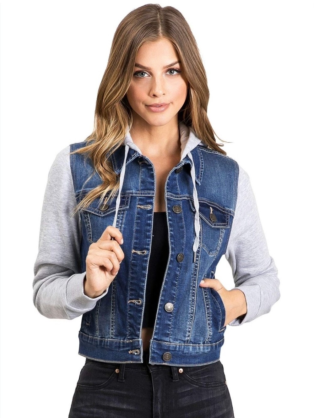 Wax Jean Hooded Denim Jean Jacket With Gray Knit Sleeves Juniors Size Medium